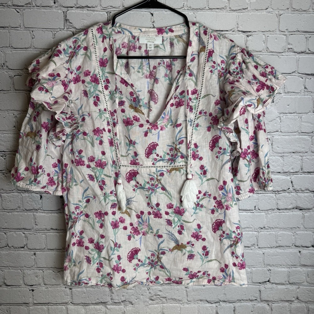 Charter Club Womens Linen Top White Pink Floral Beachy Casual Spring Summer XXL